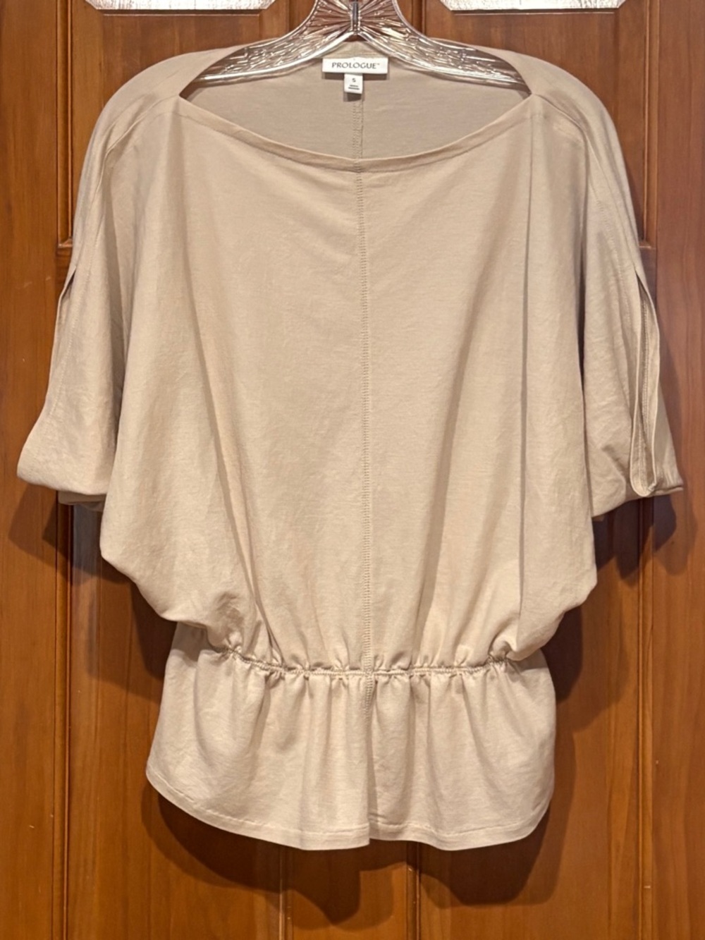 Prologue Boatneck Short Sleeve Peplum Top - Beige